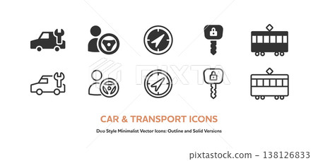 A set of icons for driving a car, vehicle inspections, trams, and other modes of transportation. Includes line art and colored vector graphics. 138126833