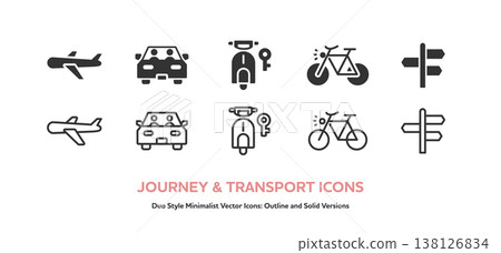 A set of icons for travel and outings, including airplanes and cars on the road. Includes line art and colored vector graphics. A set of icons for travel and outings, including airplanes and cars on the road. Includes line art and colored vector graphics. 138126834