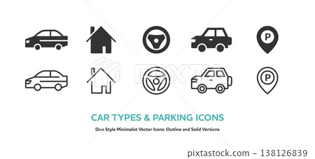 A set of icons for different types of cars (sports cars, SUVs, etc.), a house, and a parking lot. Includes line art and colored vector graphics. A set of icons for different types of cars (sports cars, SUVs, etc.), a house, and a parking lot. Includes line art and colored vector graphics. 138126839