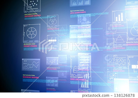 A luminous, futuristic data analysis dashboard 138126878