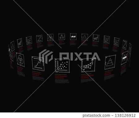 A circular data analysis card floating in a black space. 138126912
