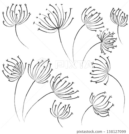 Set of hand-drawn minimalist floral sketches. Abstract black ink line art of wildflowers and dandelions isolated on a white background. Botanical vector elements for design. Set of hand-drawn minimalist floral sketches. Abstract black ink line art of wildflowers and dandelions isolated on a white background. Botanical vector elements for design. 138127099
