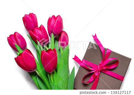 Purple tulips and gift box, Mother's Day concept Purple tulips and gift box, Mother's Day concept 138127117