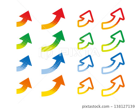 A set of colorful arrow illustrations extending diagonally upwards. Themes include upward movement, rising to the right, improvement, increase, and halftone tones. A set of colorful arrow illustrations extending diagonally upwards. Themes include upward movement, rising to the right, improvement, increase, and halftone tones. 138127139