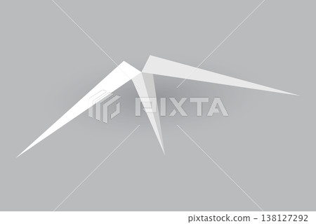 Paper plane model. Origami handmade aircraft view. Vector white paper airplane with shadow, isolated on gray background 138127292