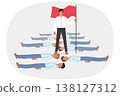 Businessman crushed competitors and holds red flag standing over exposed bodies of colleagues 138127312