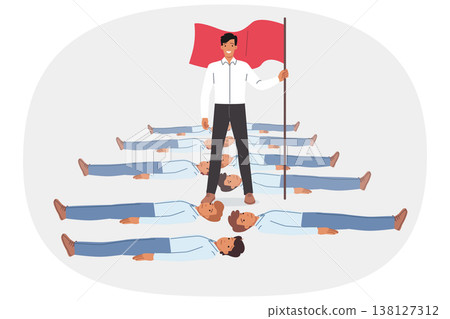 Businessman crushed competitors and holds red flag standing over exposed bodies of colleagues 138127312