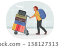 Woman tourist walks through airport with luggage bags in trolley, heading to check-in for flight 138127313