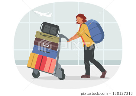 Woman tourist walks through airport with luggage bags in trolley, heading to check-in for flight 138127313