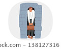 Depressed business man stands in narrow stone doorway symbolizing pressure of circumstances 138127316