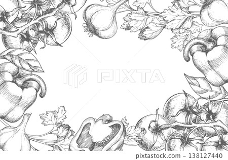 Frame of the bell peppers, tomatoes, parsley, garlic and leaves. Vector ink styled illustration. For packaging design, cards, cover, prints, product labels and fabric. 138127440