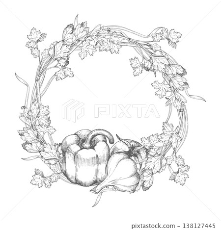 Wreath of the parsley, bell pepper, tomatoes, garlic and green onion. Vector ink styled handmade illustration. For packaging design, cards, cover, prints, product labels and fabric. 138127445