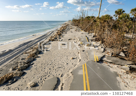 Hurricane Milton storm surge destroyed Manasota Key road at Blind Pass Beach. Severe damage to waterfront infrastructure in Florida Hurricane Milton storm surge destroyed Manasota Key road at Blind Pass Beach. Severe damage to waterfront infrastructure in Florida 138127468