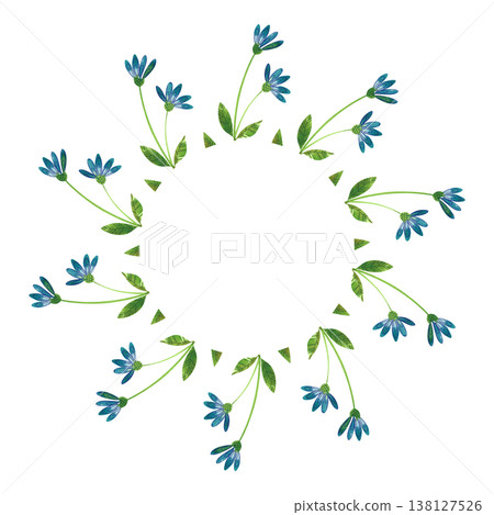 Round frame with hand drawn watercolor illustrations of summer plants, wild blue flowers, branches and leaves Round frame with hand drawn watercolor illustrations of summer plants, wild blue flowers, branches and leaves 138127526