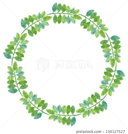 Round frame with hand drawn watercolor illustrations of summer plants, branches and leaves 138127527