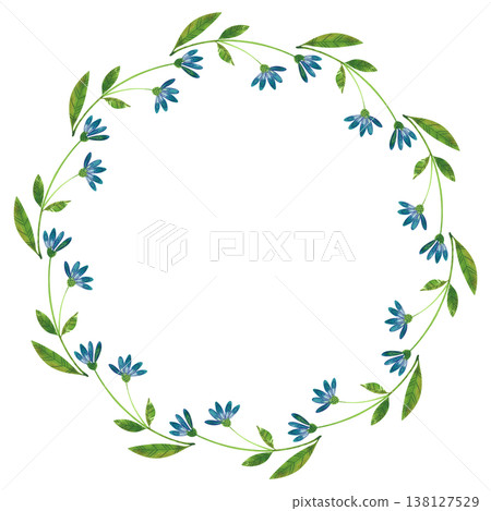 Round frame with hand drawn watercolor illustrations of summer plants, blue flowers 138127529