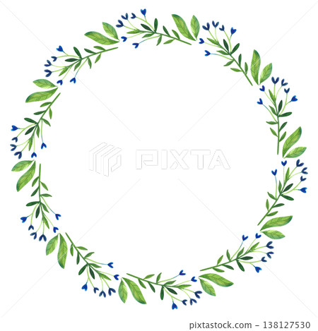 Round frame with hand drawn watercolor illustrations of summer plants, wildflowers, branches and leaves Round frame with hand drawn watercolor illustrations of summer plants, wildflowers, branches and leaves 138127530