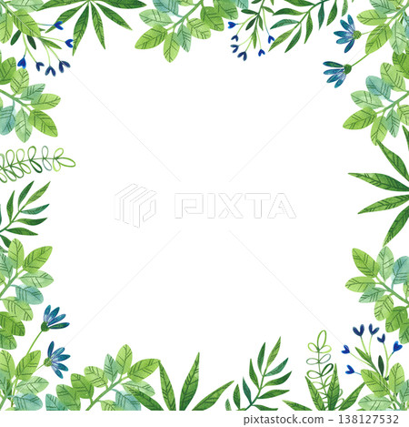 Square frame with watercolor illustrations of summer plants, wildflowers, branches and leaves. 138127532