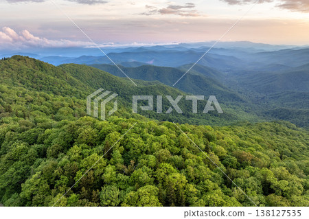 Great Smokey Mountains at sunrise in summer season. Mountain wooded hills in North Carolina Appalachians, USA 138127535