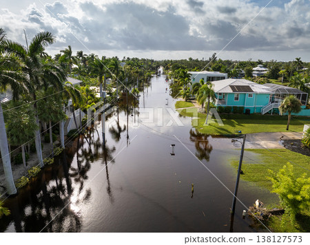 Flooded residential area with underwater houses from hurricane Milton rainfall water in Punta Gorda, Florida. Aftermath of natural disaster in southern USA 138127573