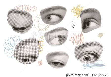 Abstract face collage elements with chaotic scribbles. Retro halftone eyes cutout on white background. Vintage punk zine style vector pack for brutalist street art or trendy poster design. Abstract face collage elements with chaotic scribbles. Retro halftone eyes cutout on white background. Vintage punk zine style vector pack for brutalist street art or trendy poster design. 138127770