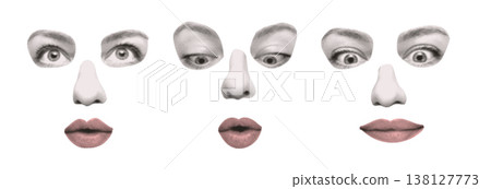 Funny crazy collage faces set. Retro halftone eyes, nose and lips cutout from newspaper. Vintage pop art anonymous emotion vector illustration for punk zine, weird poster or trendy streetwear print. Funny crazy collage faces set. Retro halftone eyes, nose and lips cutout from newspaper. Vintage pop art anonymous emotion vector illustration for punk zine, weird poster or trendy streetwear print. 138127773