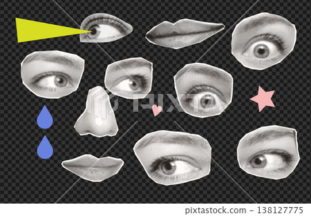 Emotional face anatomy cutout set. Retro halftone eyes, nose, lips, tear drops and stars on transparent grid. Vintage pop art collage vector elements bundle for punk zine, sticker or surreal brutalism Emotional face anatomy cutout set. Retro halftone eyes, nose, lips, tear drops and stars on transparent grid. Vintage pop art collage vector elements bundle for punk zine, sticker or surreal brutalism 138127775