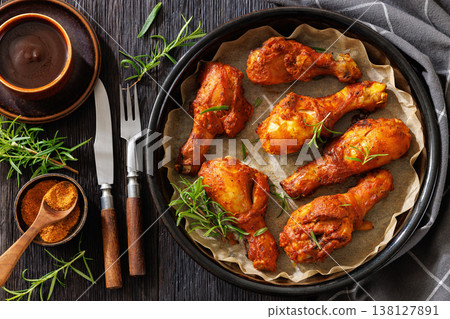 Roasted chicken drumsticks on paper in baking dish Roasted chicken drumsticks on paper in baking dish 138127891