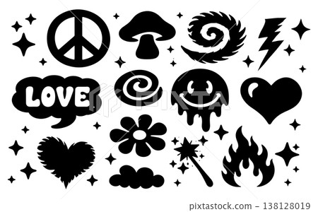 Sticker vector icon with retro groovy design for graphic flower y2k. Shape illustration set with sticker funky heart for vintage cloud smile. 70s element sticker with abstract retro music 138128019