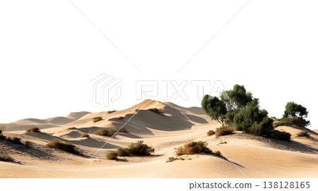 A realistic desert landscape featuring sand dunes and sparse vegetation isolated on a white background. 138128165