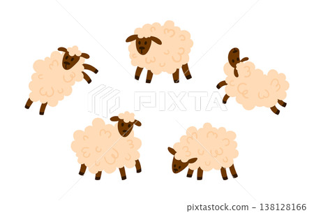 Set of cute white fluffy sheep with curly wool in different poses. Simple flat style, isolated on white. Great for farm, livestock, and nursery projects 138128166