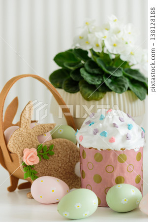 Easter Cupcakes with Eggs and Spring Decorations on White Background Easter Cupcakes with Eggs and Spring Decorations on White Background 138128188