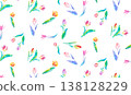 A random, continuous pattern of watercolor illustrations of tulips as a background design. 138128229