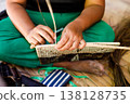 Hands of Indigenous Mangyan Woman Carefully Weaving a Traditional Basket from Bamboo Fibers in Mangyan Village, Talipanan, Puerto Galera, Oriental Mindoro, Philippines 138128735