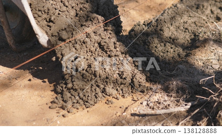 Wet Concrete Being Shoveled Onto Ground, Worker Spreading Dense Mix With Shovel At Sunlit Outdoor Worksite, Protective Boots And Rebar Visible, Gritty Slurry Texture And Early Curing Wet Concrete Being Shoveled Onto Ground, Worker Spreading Dense Mix With Shovel At Sunlit Outdoor Worksite, Protective Boots And Rebar Visible, Gritty Slurry Texture And Early Curing 138128888