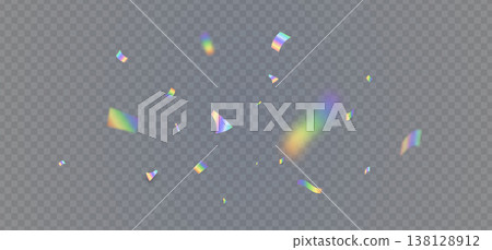 Holographic confetti bg. Prism lens. Shiny festive decor falling on transparent background. Rainbow light hologram. Crystal texture. Party celebration. Holiday glamour design. Vector Illustration Holographic confetti bg. Prism lens. Shiny festive decor falling on transparent background. Rainbow light hologram. Crystal texture. Party celebration. Holiday glamour design. Vector Illustration 138128912