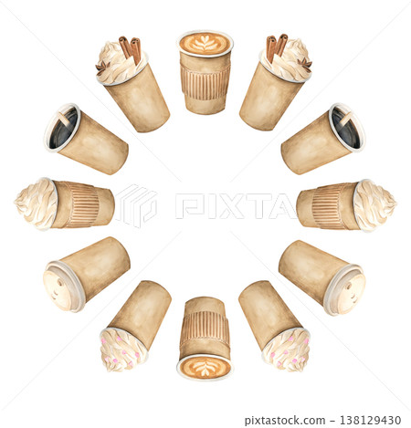 A circular frame made of takeaway coffee cups. Cappuccino, latte, and frappe with whipped cream and cinnamon. A hand-painted watercolor illustration on a white background. 138129430