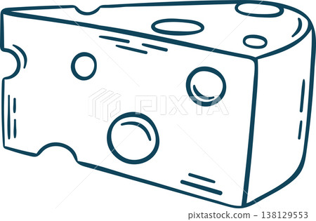 Blue sketch of a Swiss cheese slice with simple outline. Single vector icon for culinary projects, burger menus or recipe cards 138129553