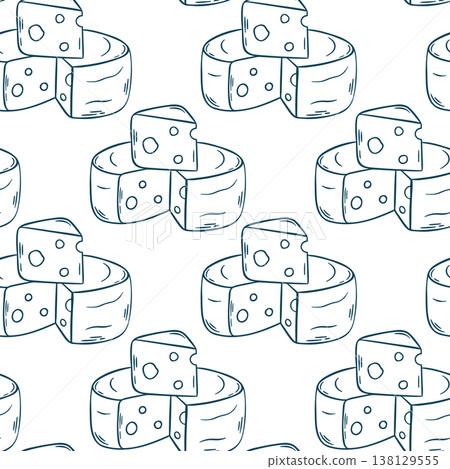 Mediterranean blue line doodle pattern featuring rows of cheese wheels. Minimalist dairy repeat for deli branding, cafe wallpaper or grocery packaging Mediterranean blue line doodle pattern featuring rows of cheese wheels. Minimalist dairy repeat for deli branding, cafe wallpaper or grocery packaging 138129555