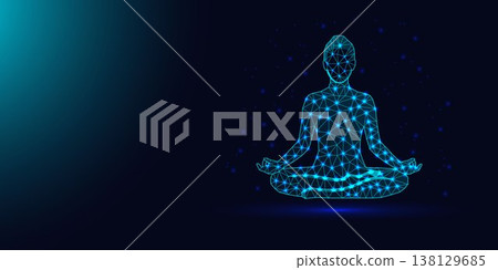 Low poly wireframe yoga woman in lotus position on dark blue background. 138129685