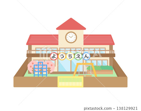 Kindergarten building, cherry blossoms, illustration Kindergarten building, cherry blossoms, illustration 138129921