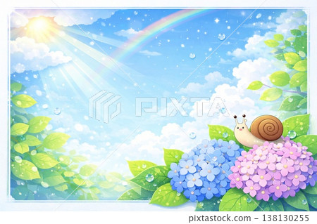 繡球花、蝸牛、雨後的天空、彩虹、動漫風格。 138130255