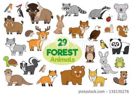 Set of 29 forest animals in cartoon style Vector Illustration 138130276