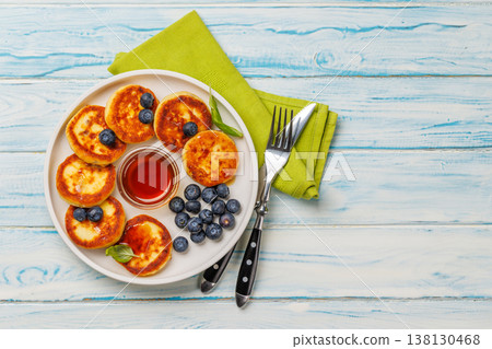 Homemade pancakes with blueberries and syrup 138130468
