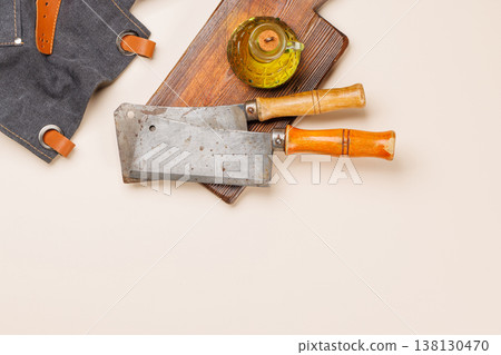 Meat cooking utensils on marble table 138130470