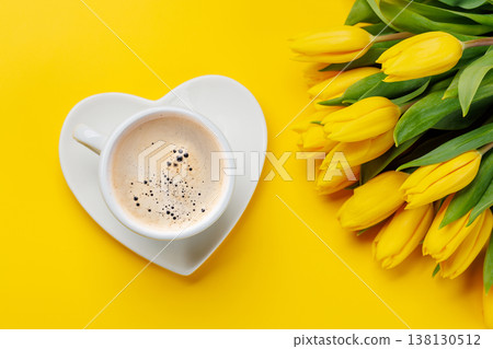 Coffee and yellow tulips 138130512