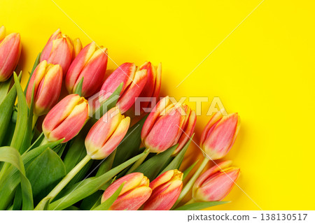 Fresh pink tulips on yellow background 138130517