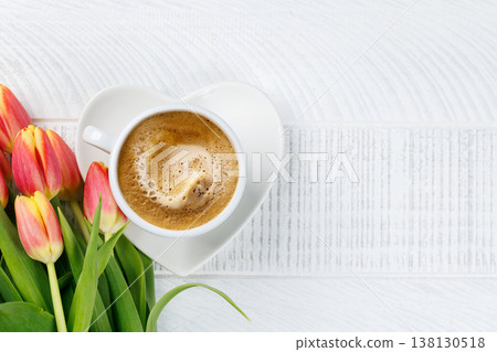 Coffee and fresh tulips 138130518