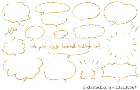 A set of speech bubbles and decorative icons with a textured feel, featuring a shimmering, hand-drawn ink pen-style gold finish. A set of speech bubbles and decorative icons with a textured feel, featuring a shimmering, hand-drawn ink pen-style gold finish. 138130564