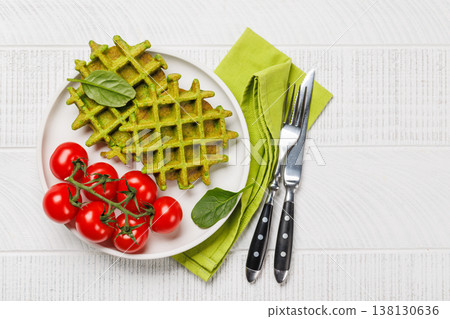 Green vegan spinach waffles top view 138130636